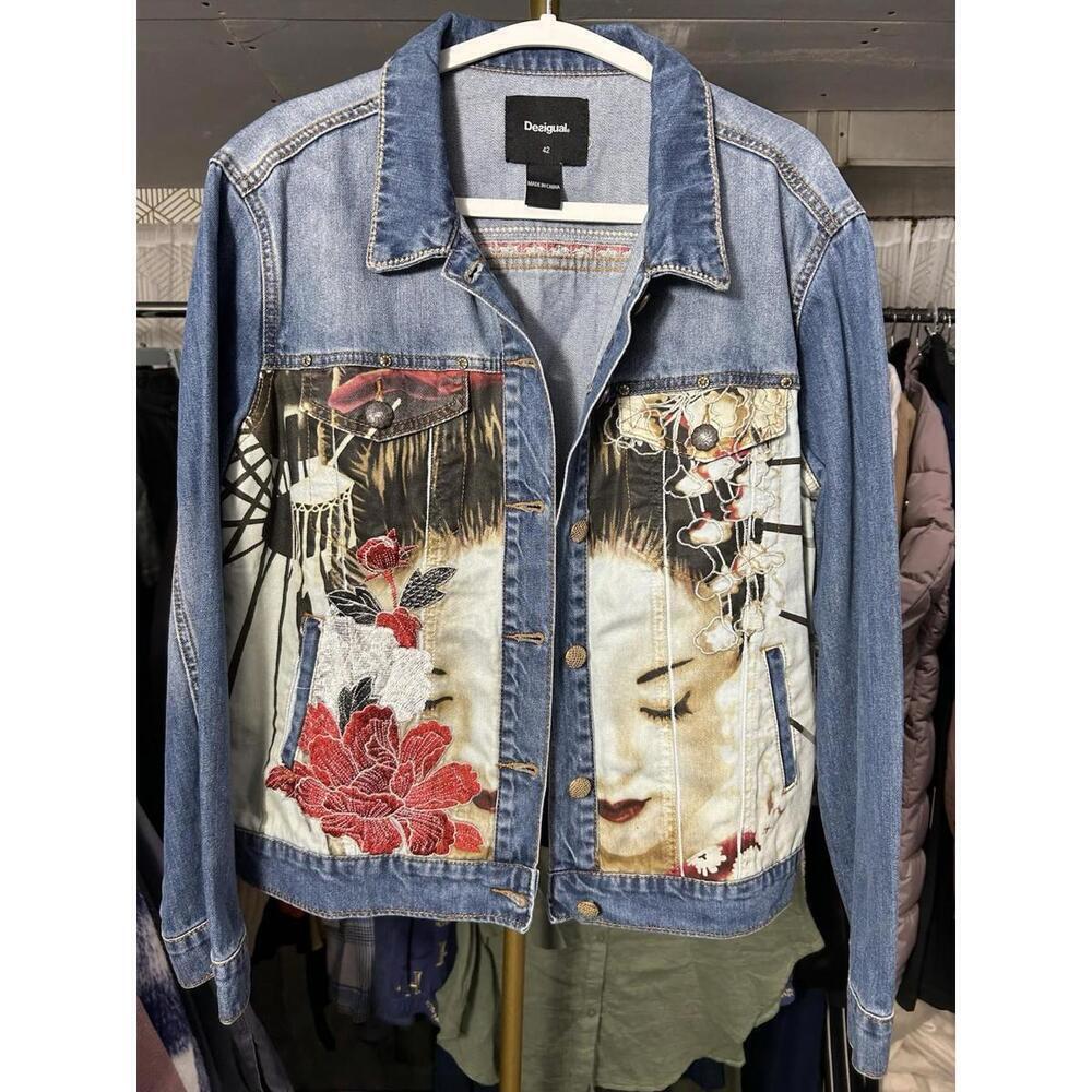 Desigual Embroidered Studs Asian Geisha Denim Patch Jacket 42 (EU) US 10